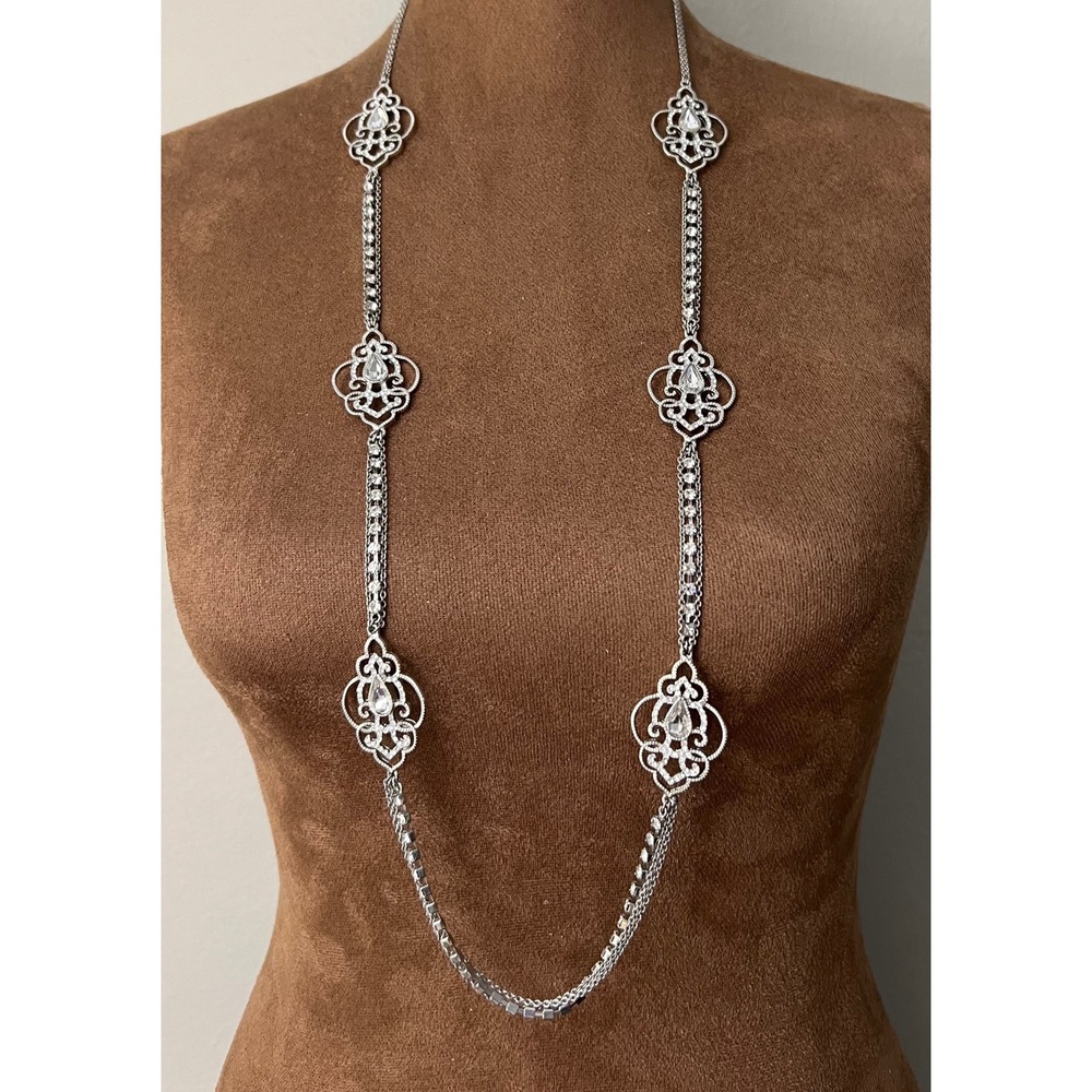 Carolee Silver Tone Crystal Filigree Station Long Necklace 34" Victorian Style